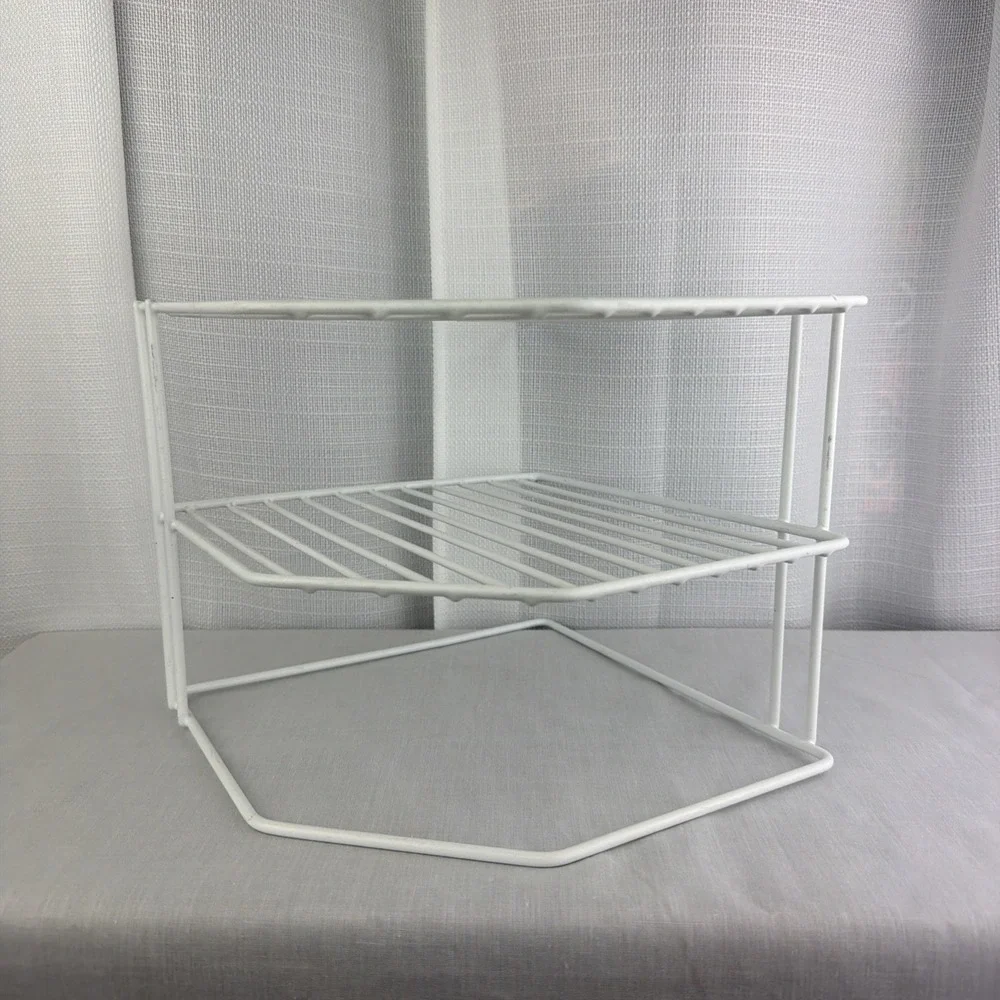 White Metal Corner Shelf Rack, 2-Tier Freestanding Kitchen Organizer Dishes Etc